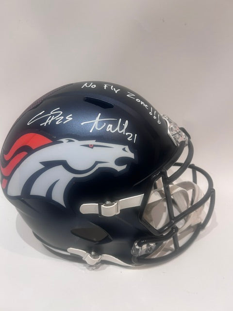 Chris Harris Jr. & Aqib Talib Denver Broncos Autographed Navy Blue Replica Helmet Inscribed "No Fly Zone" – BAS COA