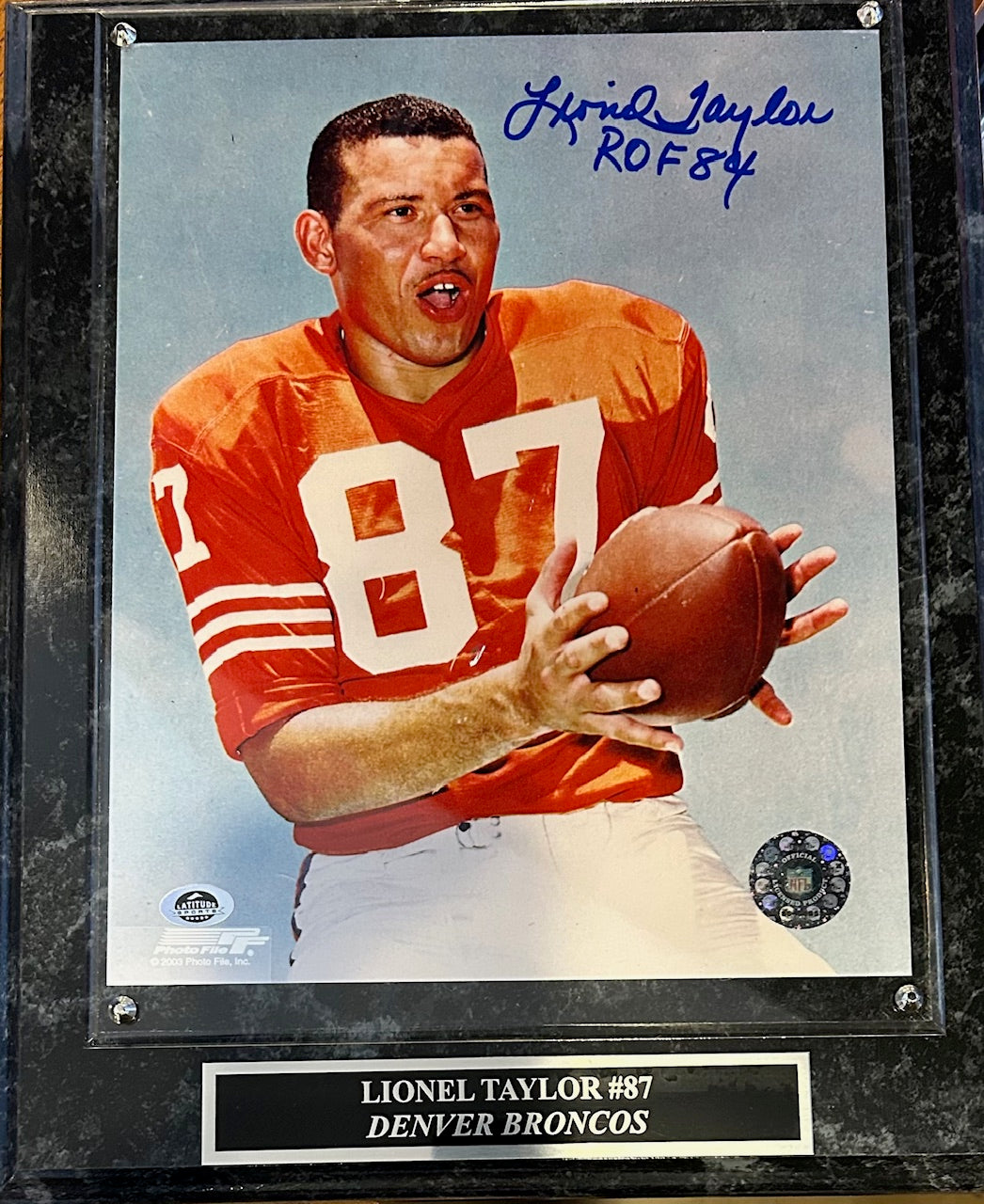 Lionel Taylor Autographed & Inscribed "ROF 84" 8x10 Photo with Plaque/Nameplate
