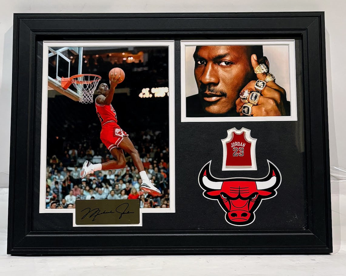 Michael Jordan Framed Photo & Pin Collage with Laser Autograph – 14x18