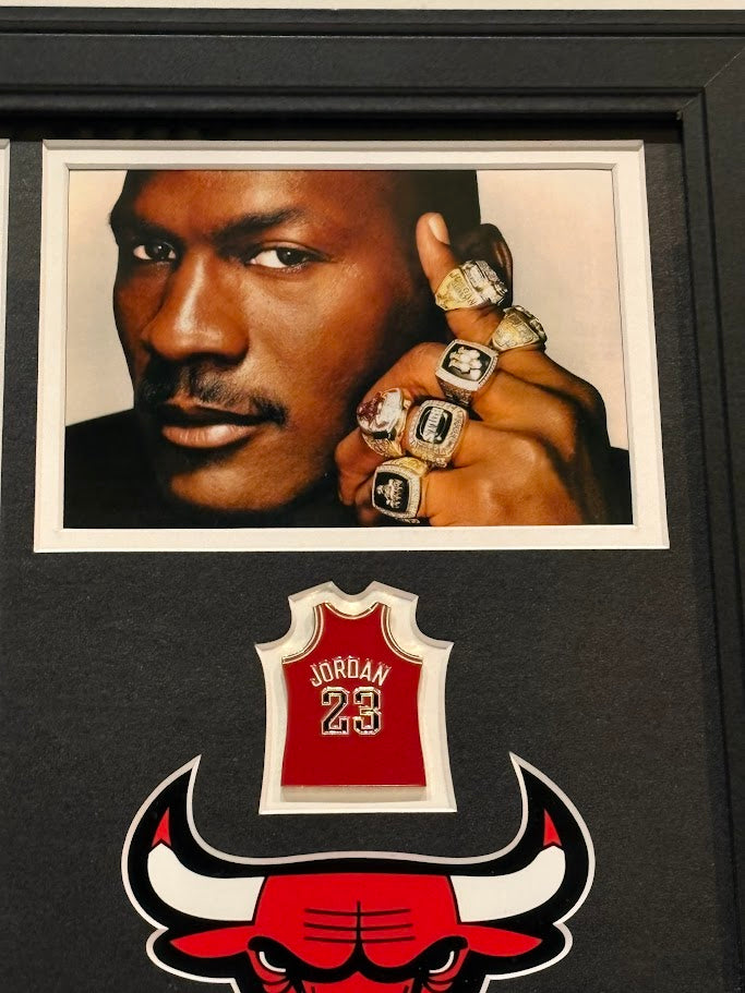 Michael Jordan Framed Photo & Pin Collage with Laser Autograph – 14x18