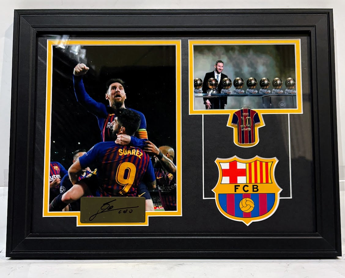 Lionel Messi FC Barcelona Framed Photo & Pin Collage with Laser Autograph – 14x18