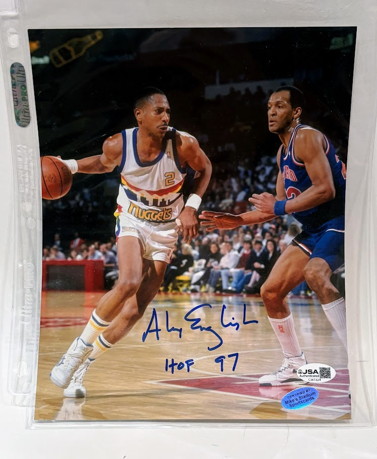 Alex English Autographed Denver Nuggets 8x10 Photo — Inscribed "HOF 97" | JSA COA