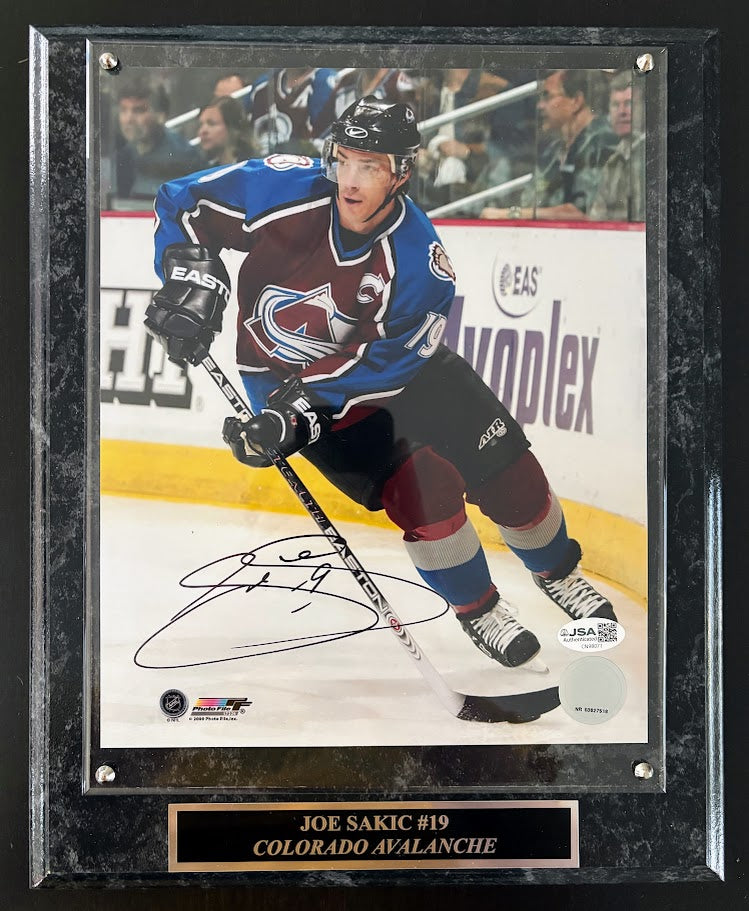 Joe Sakic Autographed 8x10 Photo — Colorado Avalanche Action Shot with Plaque | JSA COA, 2x Stanley Cup Champion
