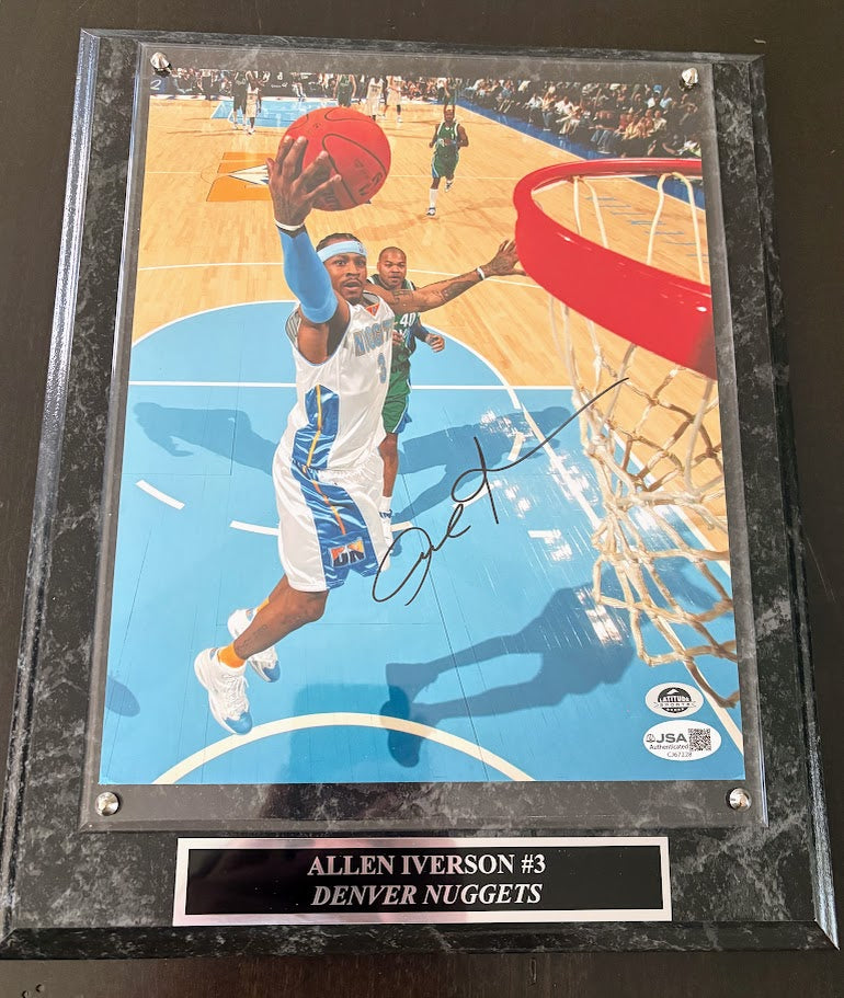 Allen Iverson Autographed 8x10 Photo — Denver Nuggets with Plaque | JSA COA, NBA Hall of Famer