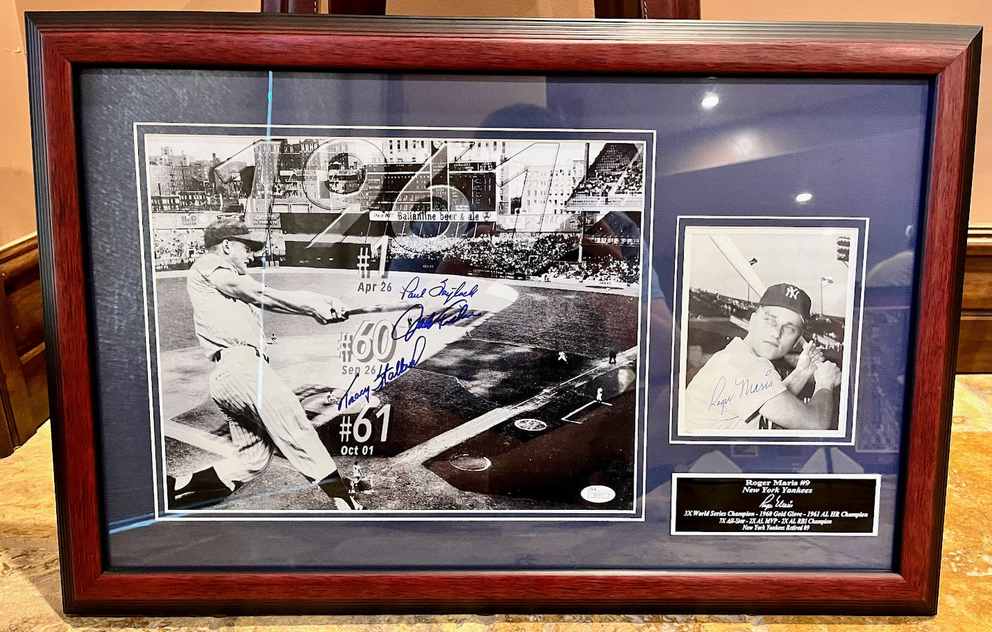 Roger Maris Autographed Photo w/ 11x14 Photo (Stallard, Fisher, Foytack) Framed JSA COA