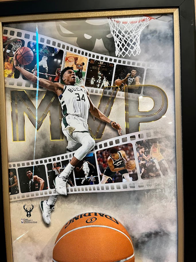 Giannis Antetokounmpo Autographed Basketball w/ Breaking Through Frame JSA COA