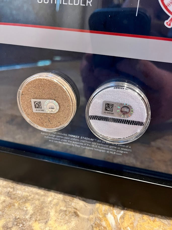 Aaron Judge 12"x22" Framed Yankees Photo w/ authentic dirt and game Jersey Swatch