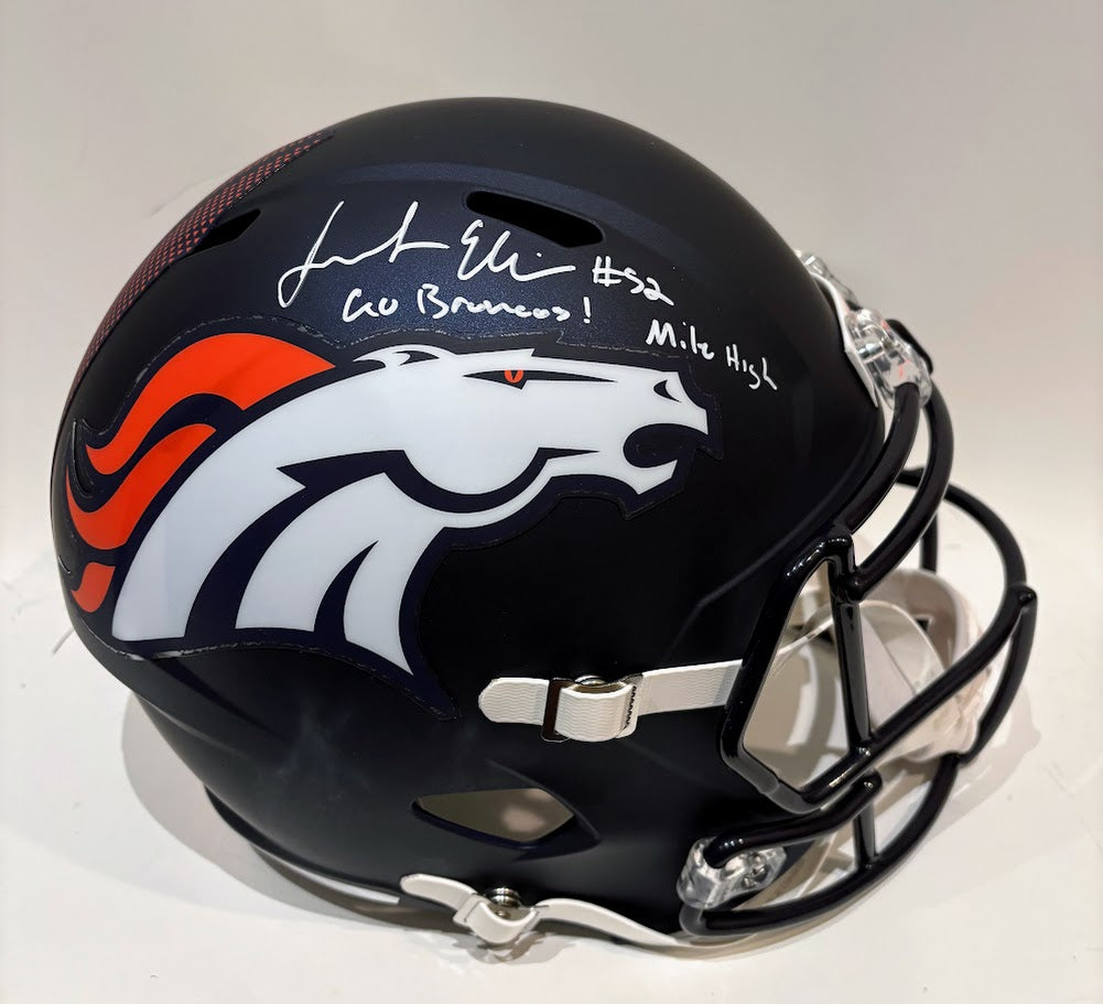 Jonah Elliss Autographed Denver Broncos Navy Replica Helmet Inscribed "Go Broncos!" & "Mile High" — BAS COA