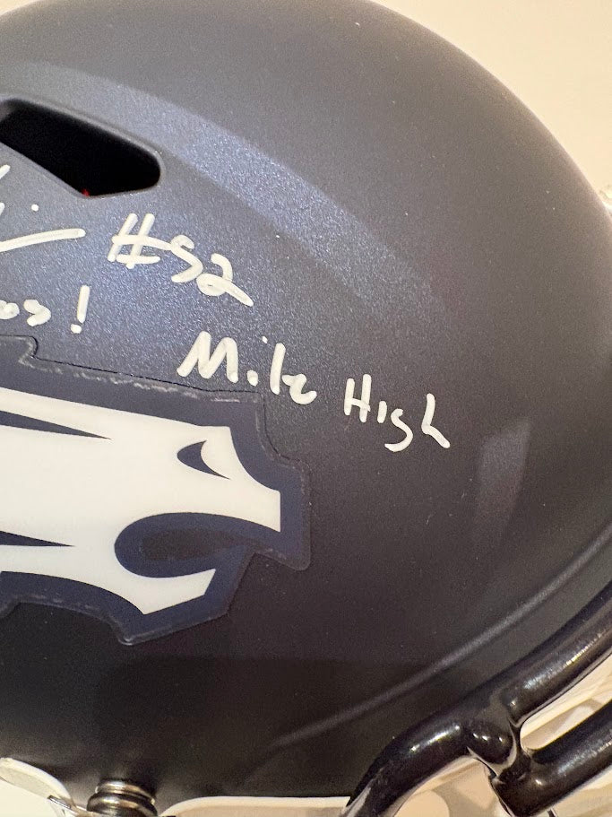 Jonah Elliss Autographed Denver Broncos Navy Replica Helmet Inscribed "Go Broncos!" & "Mile High" — BAS COA