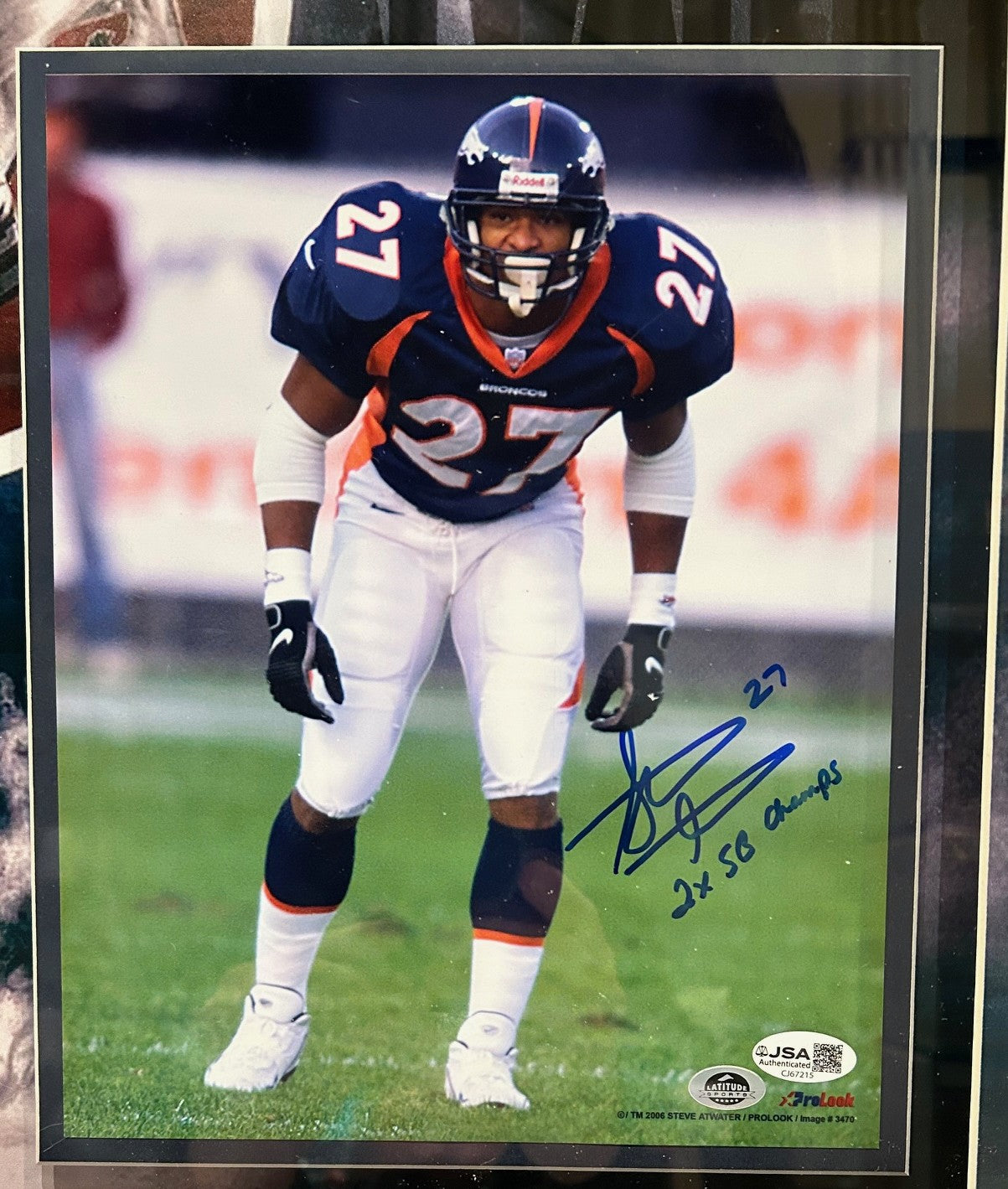Steve Atwater Autographed & Inscribed '2X SB Champs' 8x10 Photo – 21.5"x21.5" 3D Frame (JSA COA) - Latitude Sports Marketing