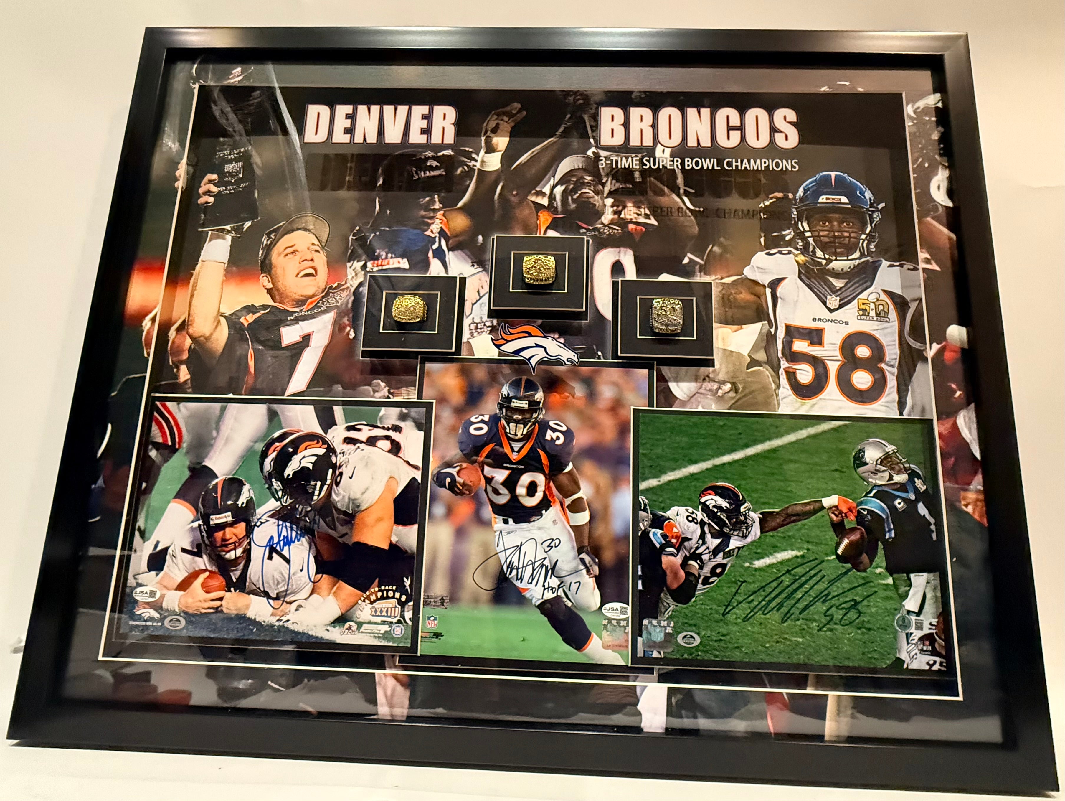 John Elway, Terrell Davis & Von Miller Autographed 8x10 Photos — Denver Broncos 3x Super Bowl MVP Set with Replica Rings | JSA & Beckett COA