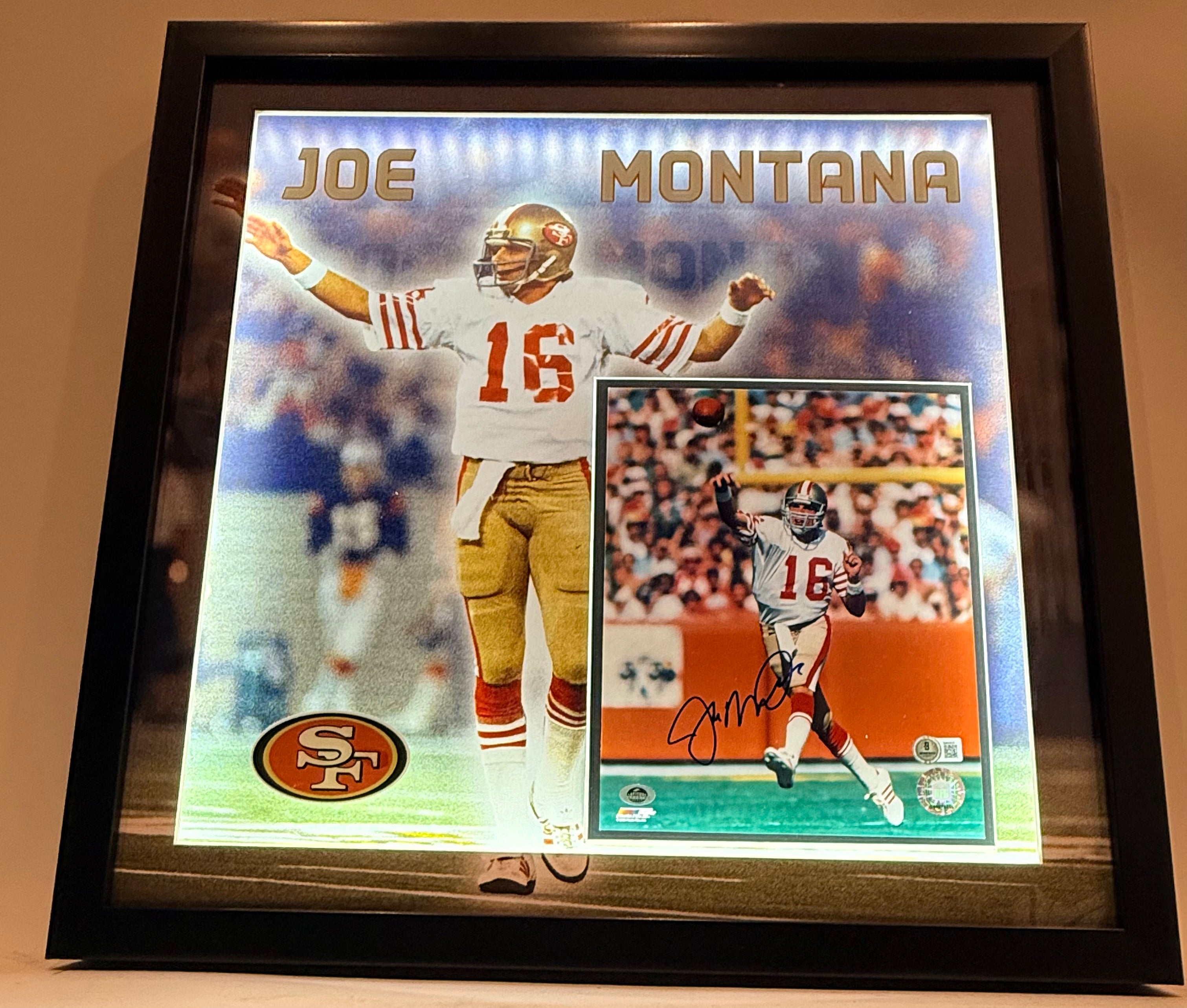 Joe Montana Autographed 8x10 Photo — San Francisco 49ers | Deluxe 3D Lighted Shadowbox Frame | BAS COA