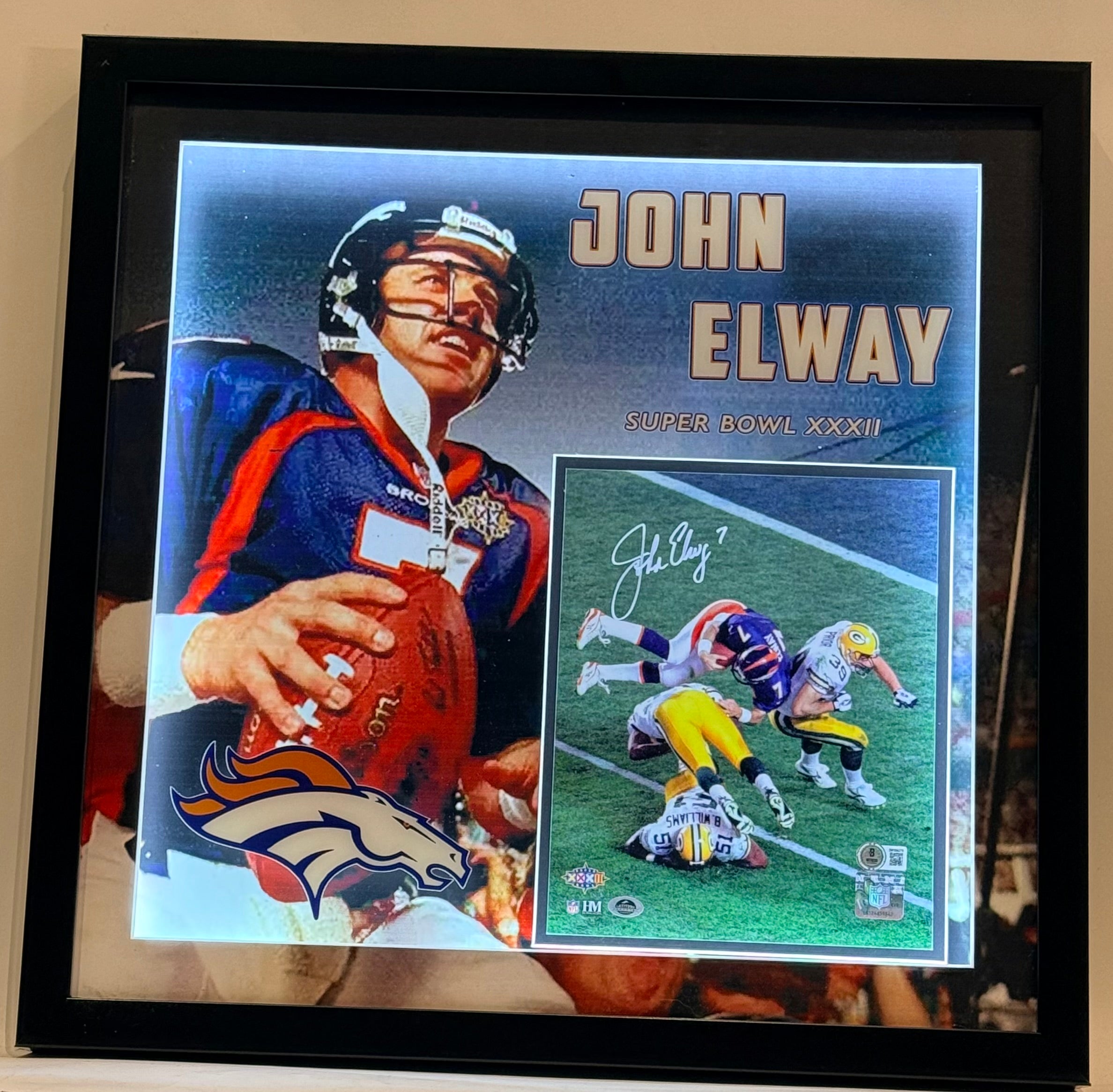 John Elway Autographed 8x10 Photo — Denver Broncos | Deluxe 3D Lighted Shadowbox Frame | BAS COA