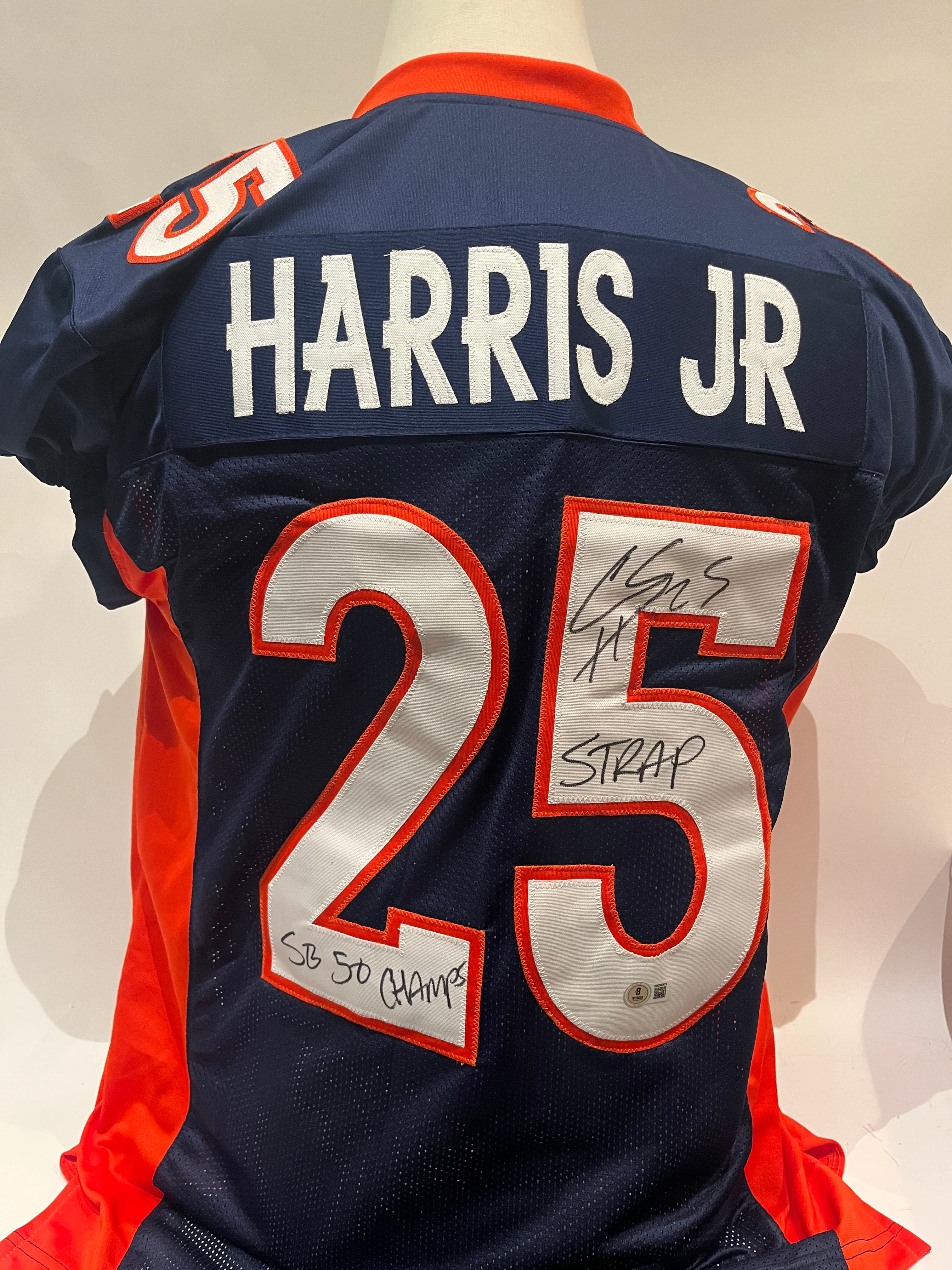 Chris Harris Jr. Autographed & Inscribed "SB 50 Champs" & "Strap" Navy Jersey BAS COA
