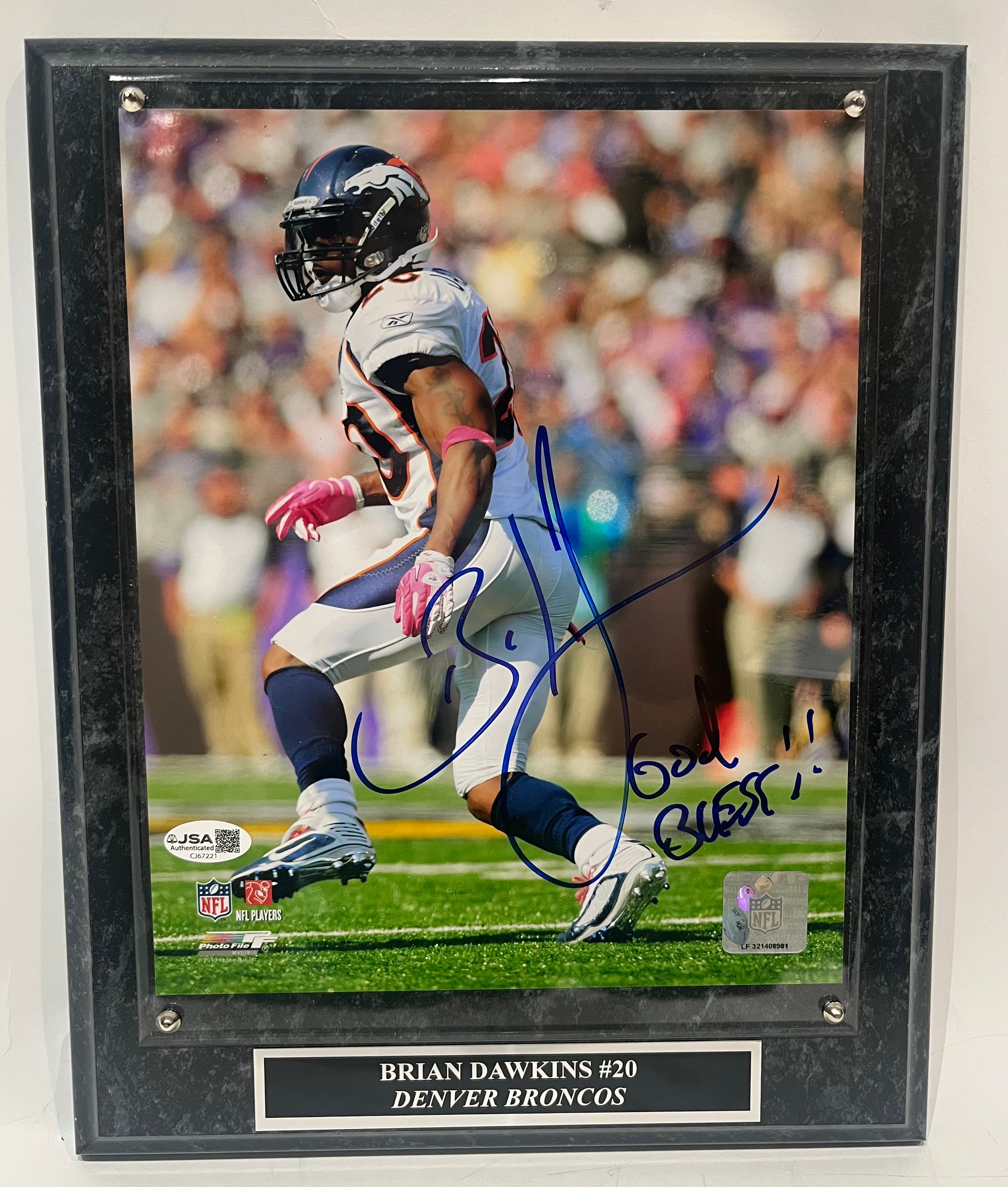 Brian Dawkins Autographed Denver Broncos 8x10 Photo Inscribed "God Bless" with Plaque | JSA COA