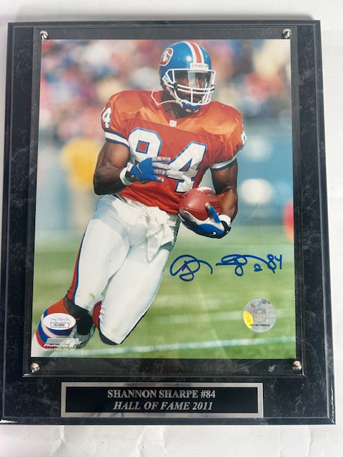 Shannon Sharpe Autographed 8x10 Orange Jersey Photo with Plaque JSA COA
