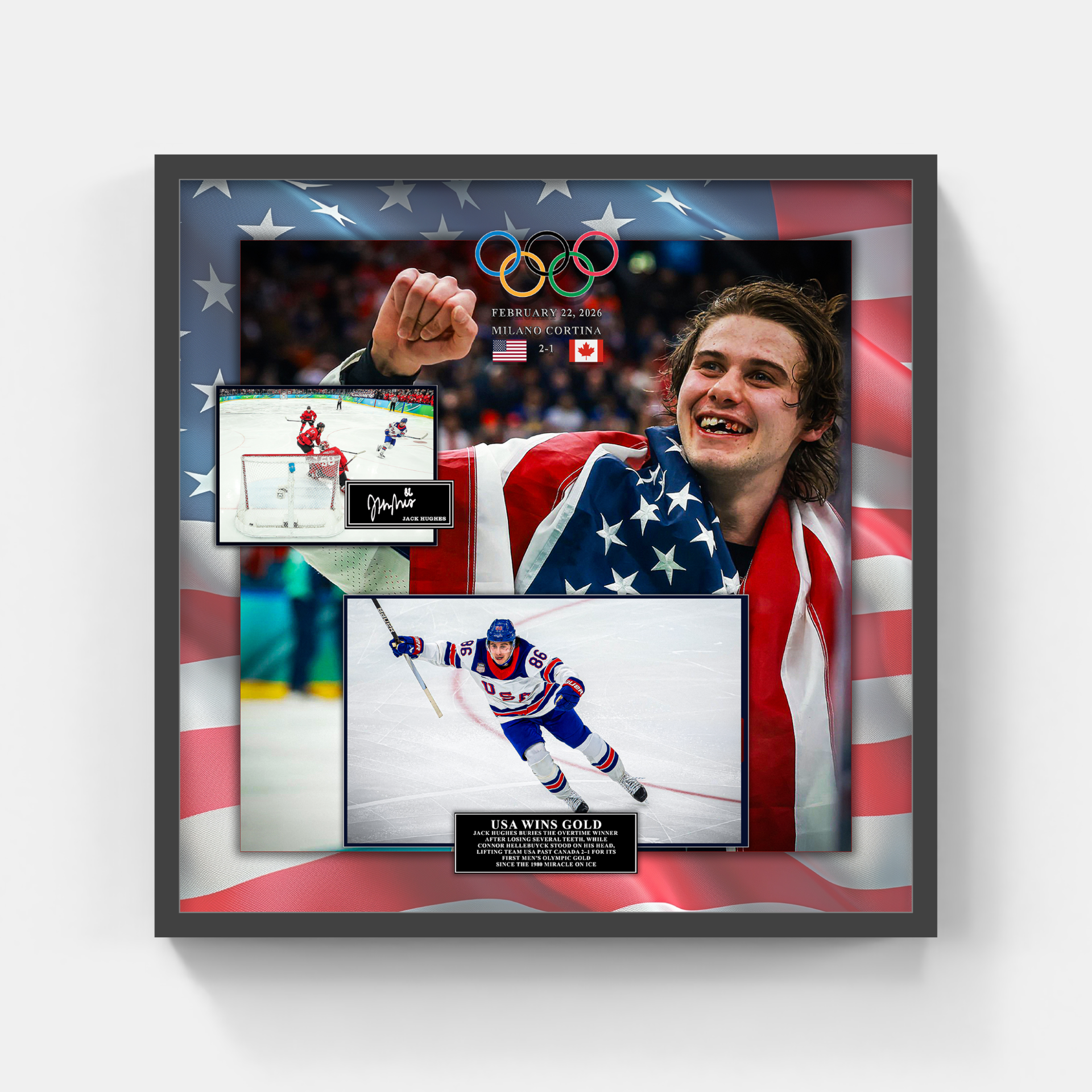 Jack Hughes 2026 Team USA Hockey Framed Photo Collage with Laser Signature (PRE-ORDER) (Charity) - Latitude Sports Marketing