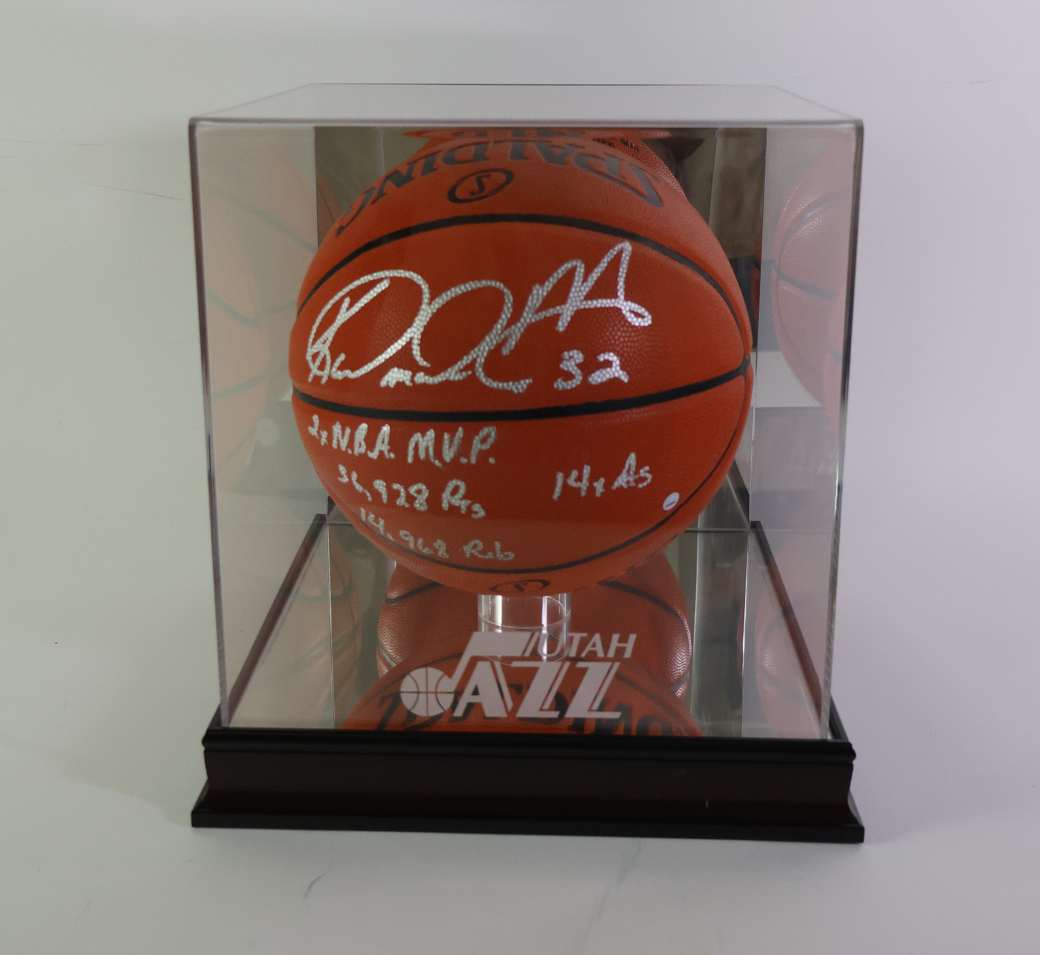Karl Malone Autographed/4x Inscribed Spalding Ball in Utah Jazz Case Steiner COA