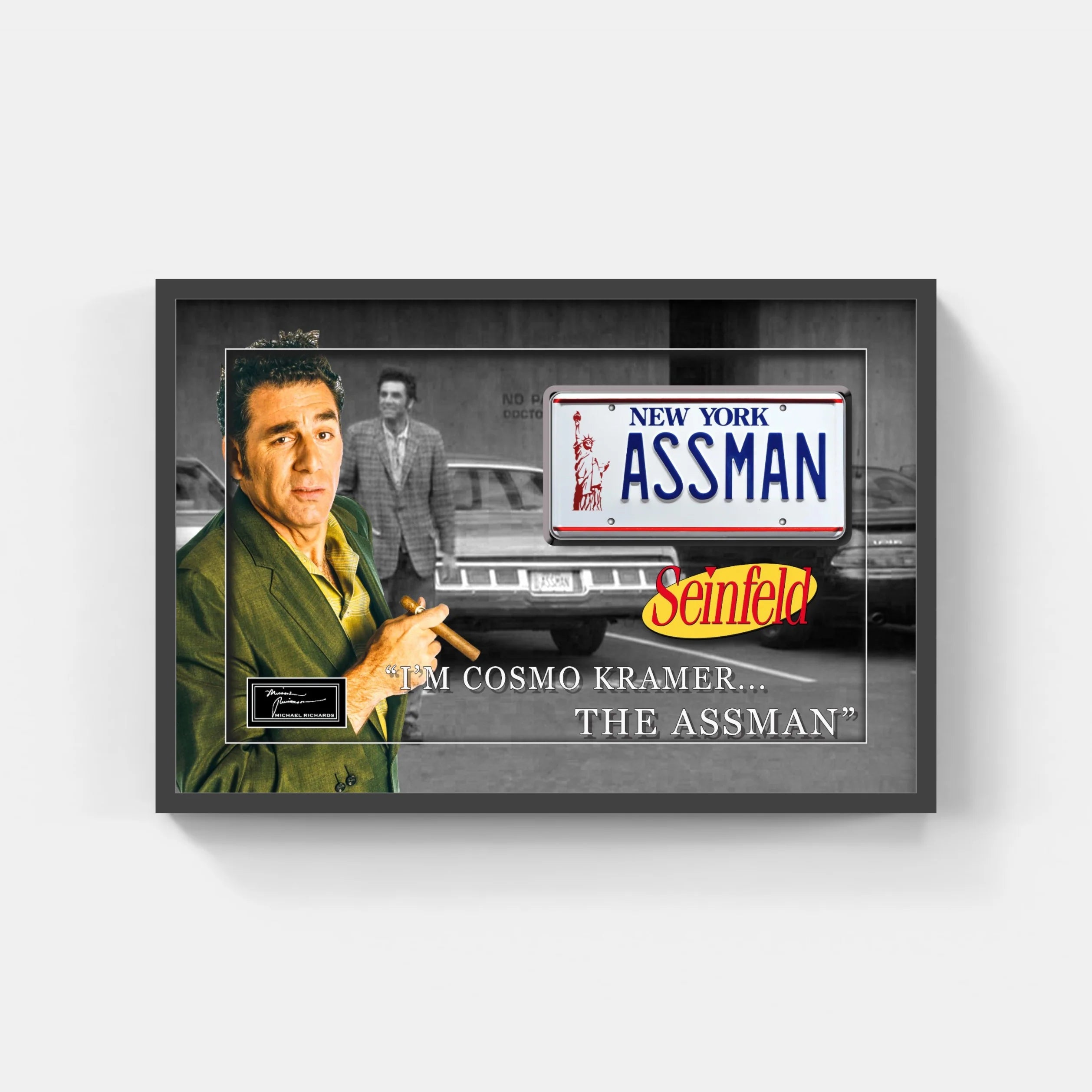 Cosmo Kramer "ASSMAN" License Plate Premium Framed Art | Seinfeld Collectible | 23" x 32"