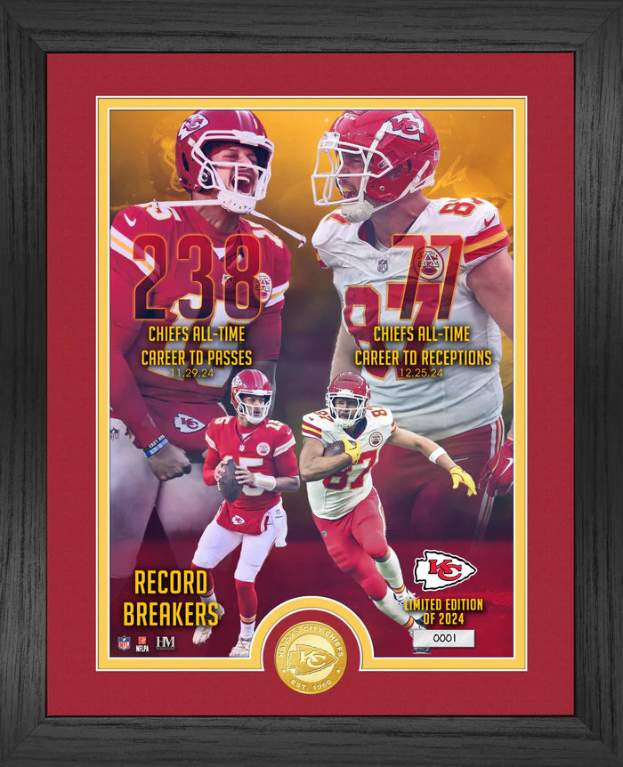 Mahomes & Kelce Record Breakers Bronze Coin Limited Edition Framed 13x16