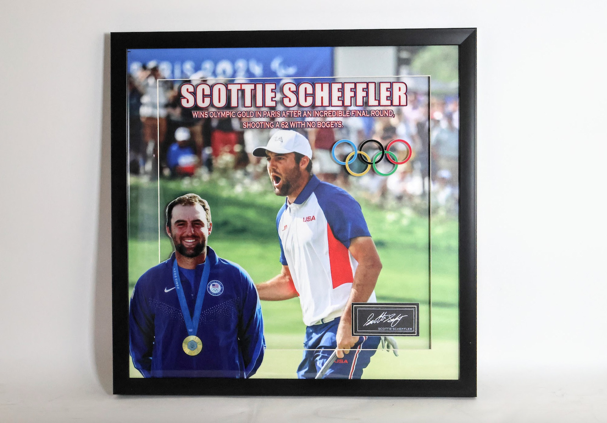 Scottie Scheffler "Wins Olympic Gold in Paris After an Incredible Final Round, Shooting a 62 with No Bogeys" Laser Engraved Signature Framed