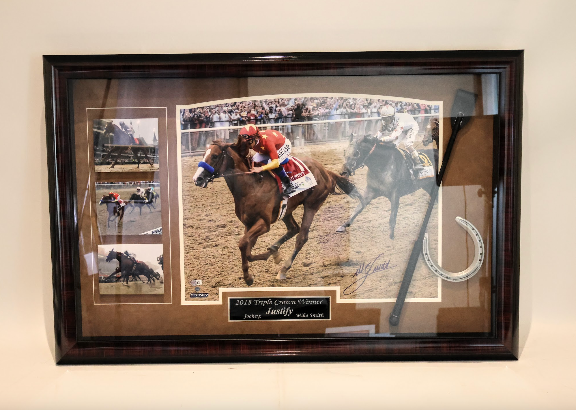 Justify Signed Michael Smith Photo with Riding Stick and Horseshoe Framed (Frame As Is)