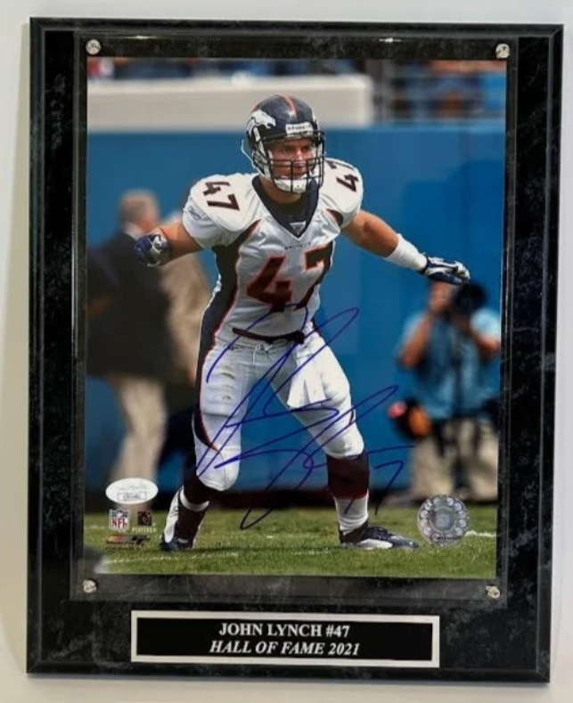 John Lynch Autographed Denver Broncos 8x10 Photo w/ Plaque JSA COA
