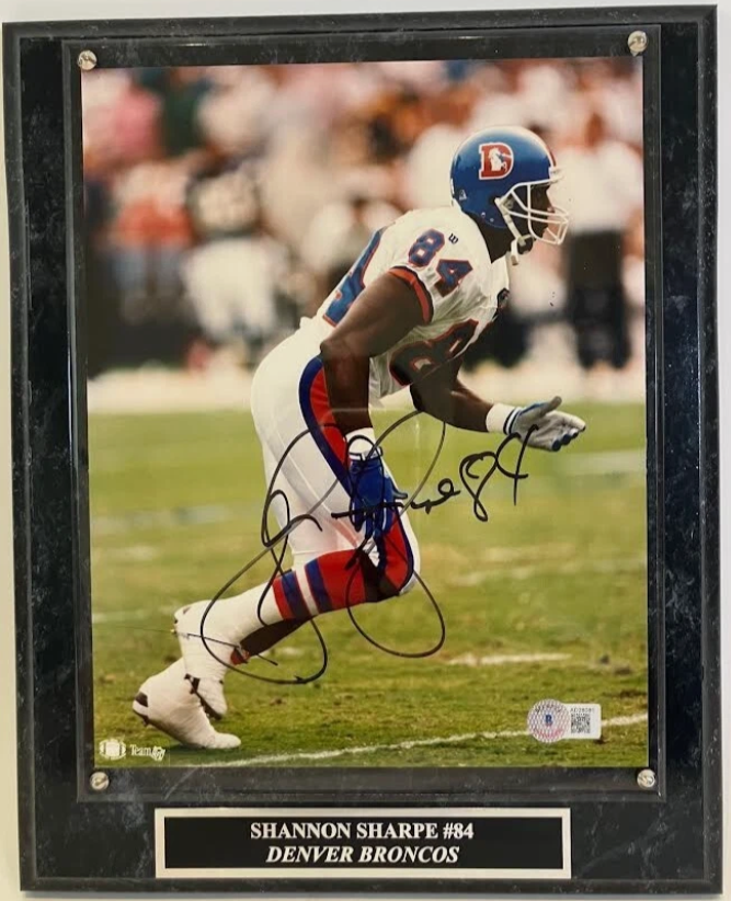 Shannon Sharpe Autographed Denver Broncos 8x10 Photo w/ Plaque BAS COA