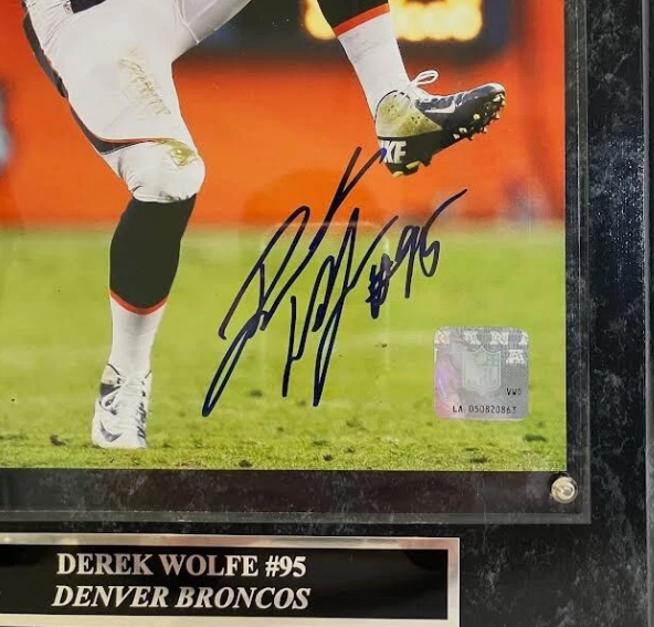 Derek Wolfe Autographed Denver Broncos 8x10 Photo w/ Plaque JSA COA