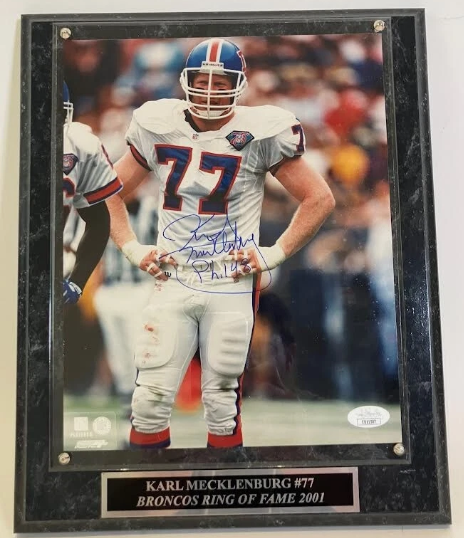 Karl Mecklenburg Autographed/Inscribed Denver Broncos 8x10 Photo w/ Plaque