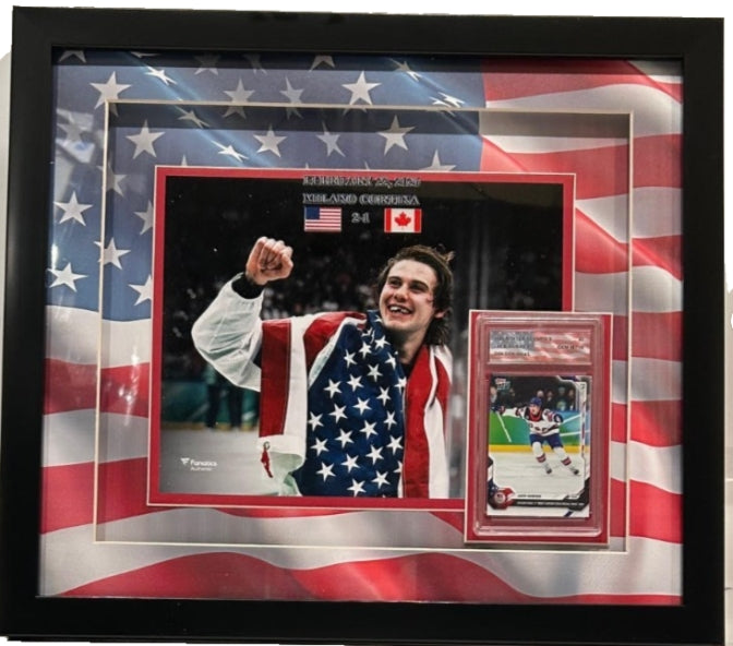 Jack Hughes USA Hockey Framed 8x10 Photo with Slabbed Topps Trading Card – 2026 Gold Medal Game - Latitude Sports Marketing
