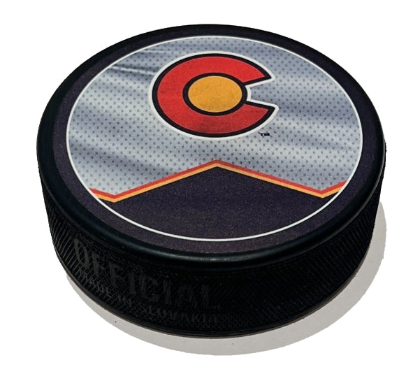 Colorado Avalanche Hockey Puck - Colorado Flag/Burgandy Jersey Graphics - Latitude Sports Marketing
