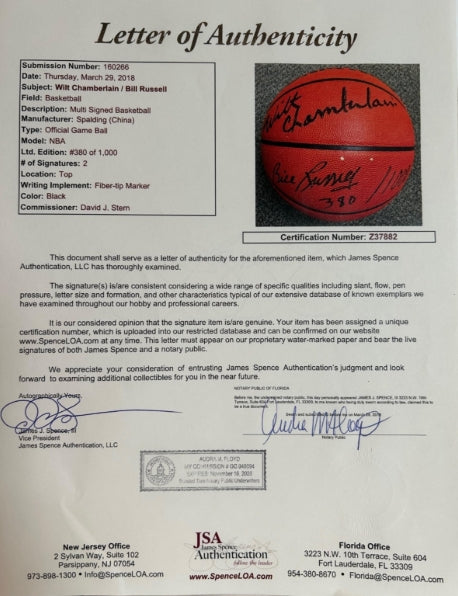 Wilt Chamberlain & Bill Russell Dual-Autographed NBA Basketball LE-1000 JSA LOA - Latitude Sports Marketing