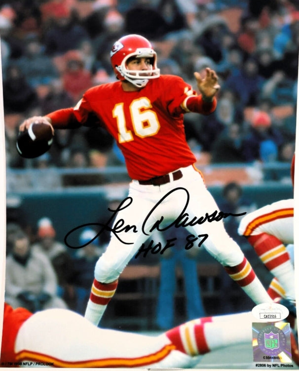 Len Dawson Autographed KC Chiefs 8x10 photo Inscribed "HOF 87" (James Spence)