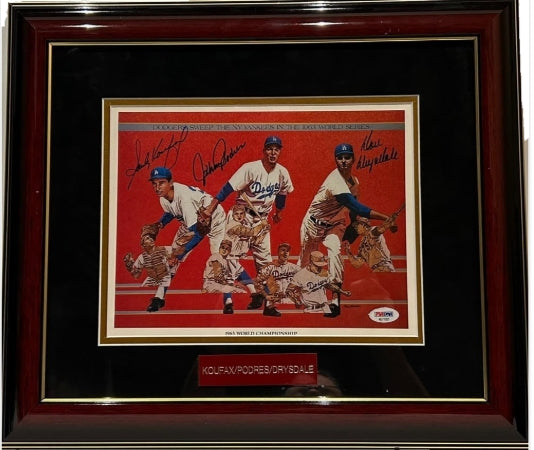 Sandy Koufax / Johnny Podres / Don Drysdale Triple-Autographed 8x10 Photo — Framed | 1963 World Series Champions | PSA LOA