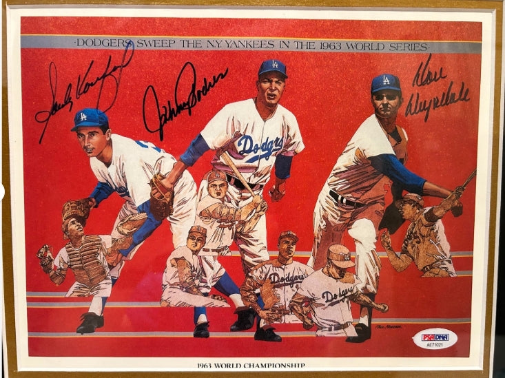 Sandy Koufax / Johnny Podres / Don Drysdale Triple-Autographed 8x10 Photo — Framed | 1963 World Series Champions | PSA LOA