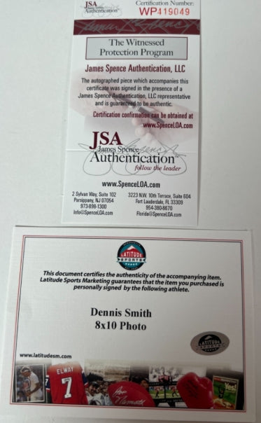 Dennis Smith Autographed Denver Broncos 8x10 Photo Inscribed "ROF 01" with Plaque JSA COA