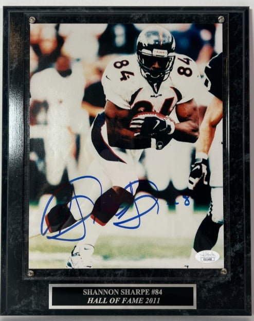 Shannon Sharpe Autographed Denver Broncos 8x10 Photo with Plaque JSA COA