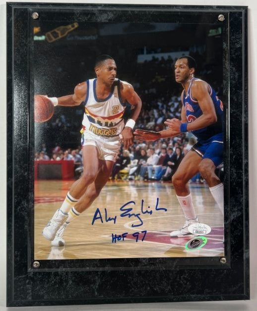 Alex English Autographed 8x10 Photo Inscribed "HOF 97" with Plaque JSA COA