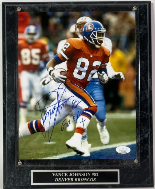 Vance Johnson Autographed 8x10 Photo Inscribed "God Bless" with Plaque JSA COA