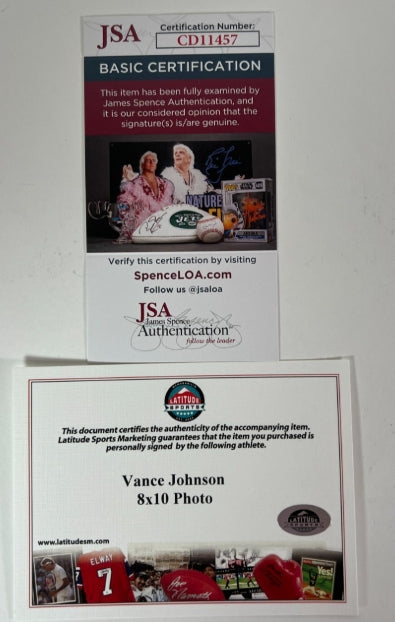 Vance Johnson Autographed 8x10 Photo Inscribed "God Bless" with Plaque JSA COA
