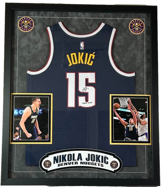 Nikola Jokic Autographed/Inscribed 'NBA MVP' Navy Denver Nuggets Jersey - Deluxe Framed JSA COA