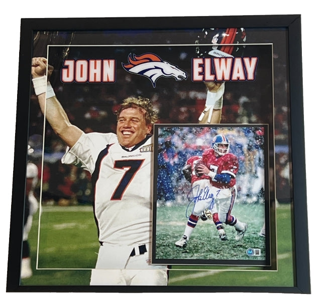 John Elway Autographed 8x10 Denver Broncos Photo in LED Shadow Box BAS COA