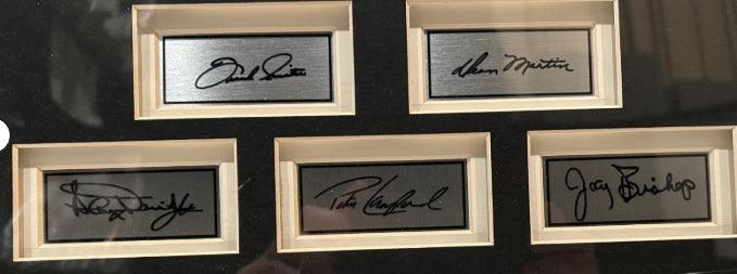 The Rat Pack at the Sands Hotel Framed Collage - Laser Signatures of Frank Sinatra, Dean Martin, Sammy Davis Jr., Peter Lawford, Joey Bishop