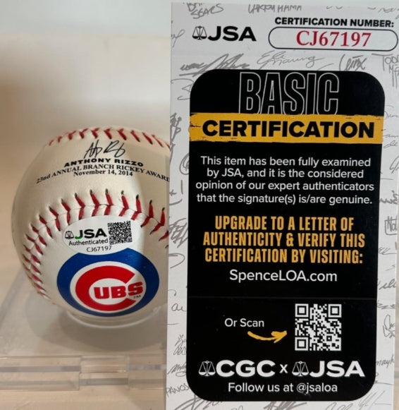 Anthony Rizzo Autographed Chicago Cubs 2014 Branch Rickey Award Baseball – JSA COA - Latitude Sports Marketing