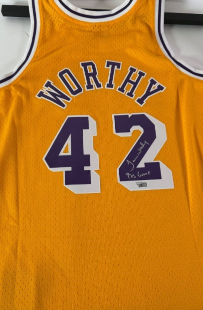 James Worthy Autographed/Inscribed "Big Game" M&N Swingman Jersey Fanatics COA