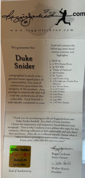 Duke Snider Autographed & 15X Inscribed MLB Baseball #428/1000 Statball COA - Latitude Sports Marketing