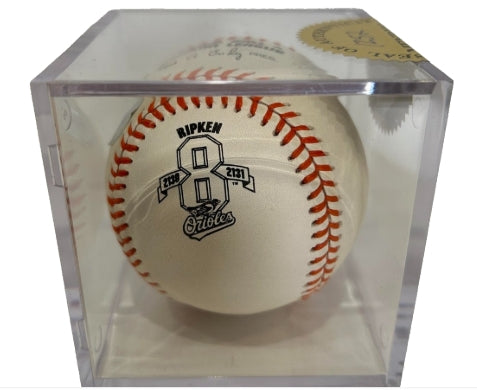 Cal Ripken, Jr. Autographed Official American League Baseball — Ironman Logo (2130-2131) | COA Golden Sports | Plexiglass Cube Display