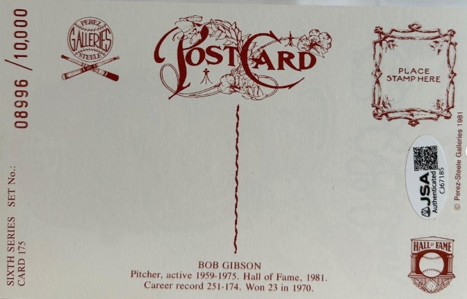 Bob Gibson Autographed Perez-Steele 6th Series Post Card No.175 - JSA COA - Latitude Sports Marketing
