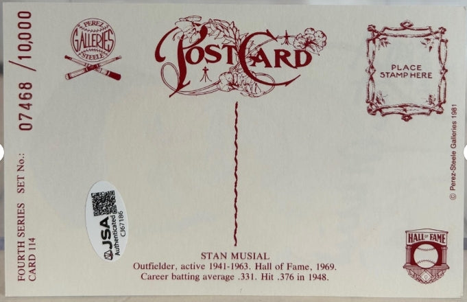 Stan Musial Autographed Perez-Steele Postcard 4th Series Card #114 - JSA COA - Latitude Sports Marketing